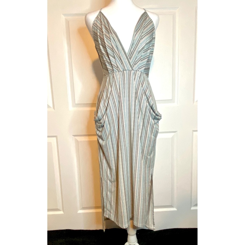 BCBGeneration Geometric Stripe V-Neck Maxi Dress Blue Tan XS